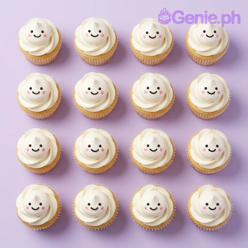 Box of cupcakes with white meringue toppers featuring cute faces and pink cheeks Box of cupcakes with white meringue toppers featuring cute faces and pink cheeks