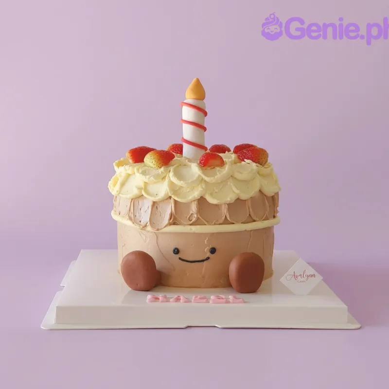 Tan 1-tier cake with cute face, strawberries, and candle topper Tan 1-tier cake with cute face, strawberries, and candle topper