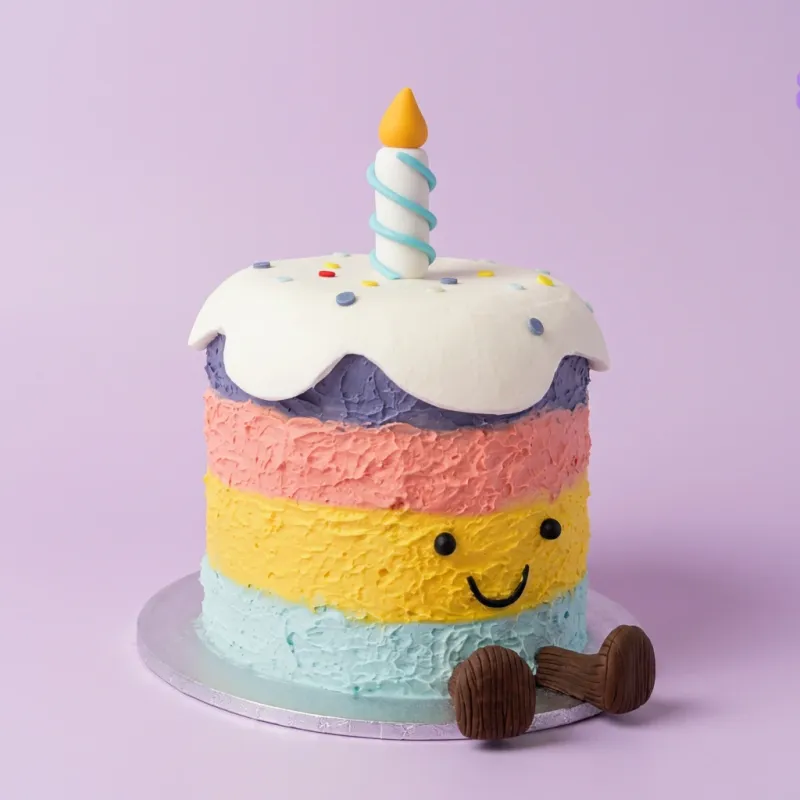 One tier cake with white soft icing, stripes, a spiral candle, piped eyes and smile, brown feet, and colorful sprinkles One tier cake with white soft icing, stripes, a spiral candle, piped eyes and smile, brown feet, and colorful sprinkles