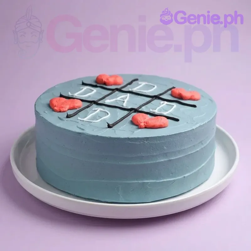 A blue 1-tier cake themed around Dad Tic-Tac-Toe, featuring white "DAD" text, a black grid, and red heart marks. A blue 1-tier cake themed around Dad Tic-Tac-Toe, featuring white "DAD" text, a black grid, and red heart marks.
