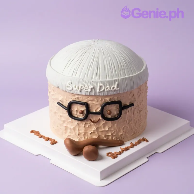 Dad Birthday cake design — 1 layer soft icing cake in beige — with blue hat, black glasses, brown mustache, piped eyes, and custom "Super Dad" message Dad Birthday cake design — 1 layer soft icing cake in beige — with blue hat, black glasses, brown mustache, piped eyes, and custom "Super Dad" message