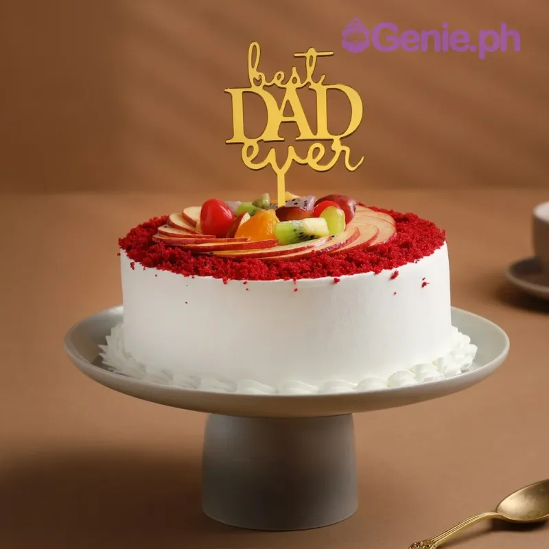 White 1-tier cake with fresh fruit topping and gold Best Dad Ever topper White 1-tier cake with fresh fruit topping and gold Best Dad Ever topper