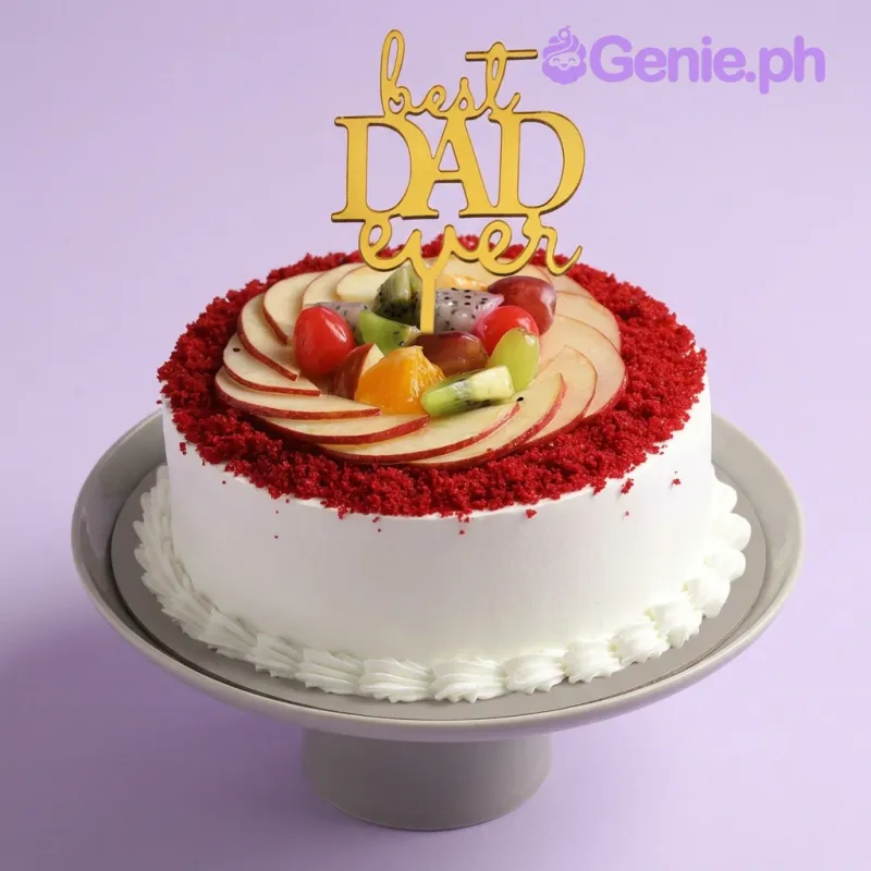 White 1-tier cake with fresh fruit topping and gold Best Dad Ever topper White 1-tier cake with fresh fruit topping and gold Best Dad Ever topper