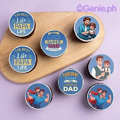 Five cupcakes with printed dad-themed toppers on a wooden board Five cupcakes with printed dad-themed toppers on a wooden board