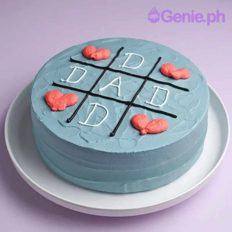 Light blue minimalist cake with a black tic-tac-toe grid, white icing letters spelling DAD, and red icing hearts. Light blue minimalist cake with a black tic-tac-toe grid, white icing letters spelling DAD, and red icing hearts.