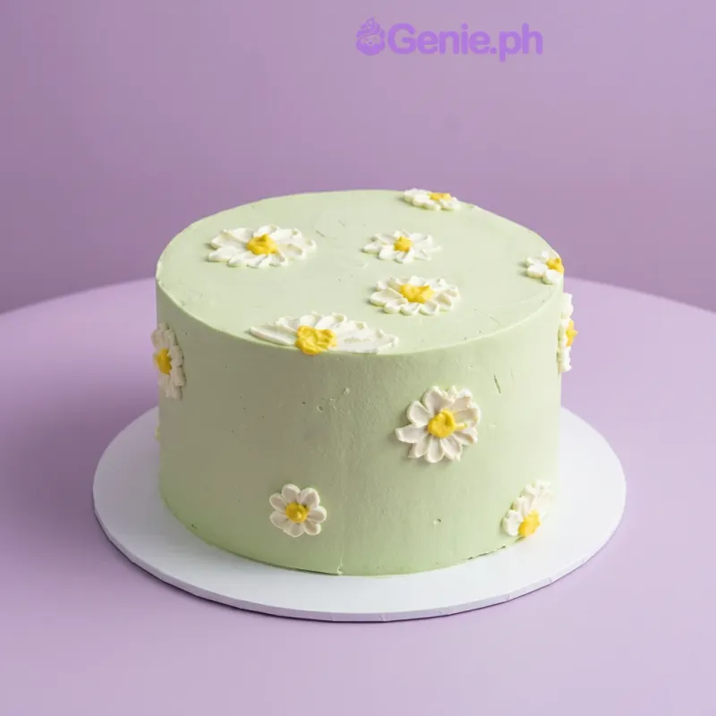 Mint green single-tier cake decorated with white piped daisy flowers Mint green single-tier cake decorated with white piped daisy flowers