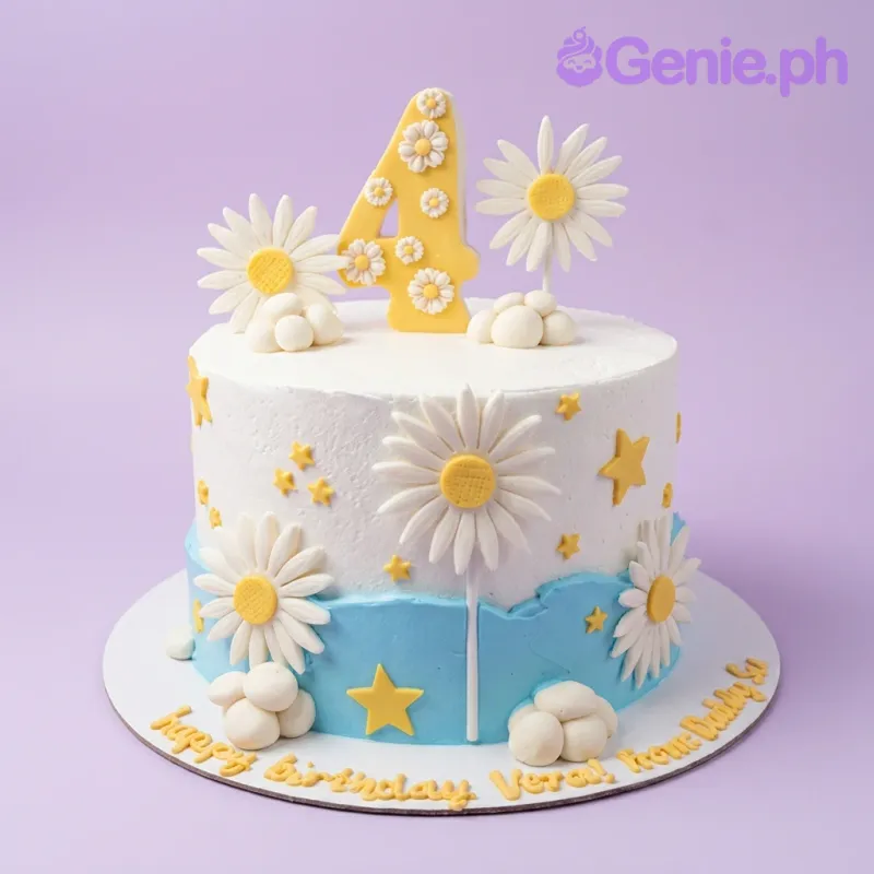A white and light blue 1 Tier cake themed around Daisy, featuring a yellow number 4 topper, white daisies, clouds, and yellow stars. A white and light blue 1 Tier cake themed around Daisy, featuring a yellow number 4 topper, white daisies, clouds, and yellow stars.