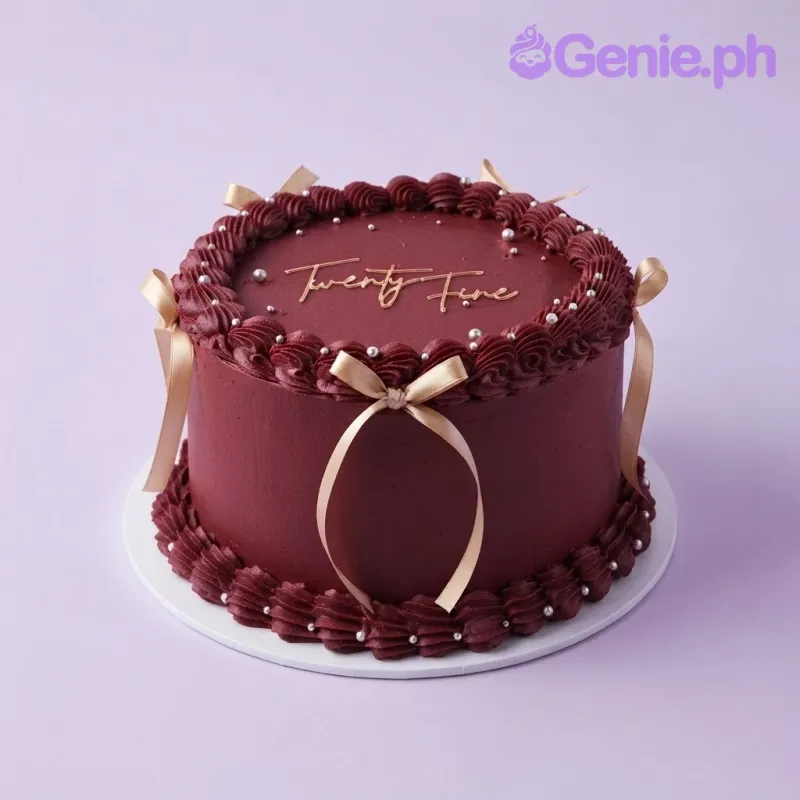 Dark red 1-tier cake with soft icing, gold script age topper, champagne ribbon bows, and silver pearl dragees Dark red 1-tier cake with soft icing, gold script age topper, champagne ribbon bows, and silver pearl dragees