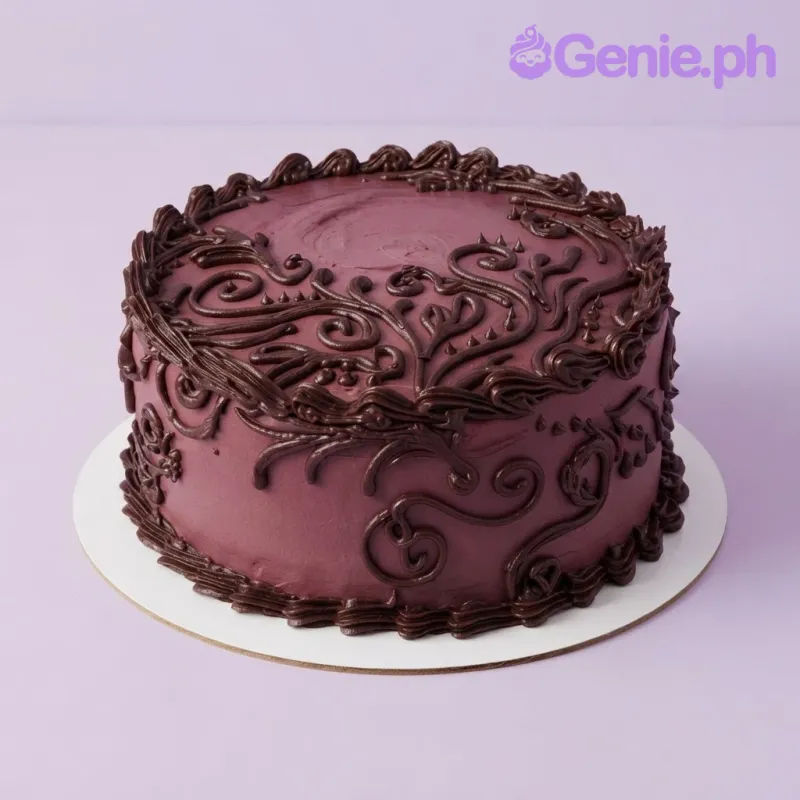 A dark purple round cake with intricate black piped icing scrollwork and doodle patterns covering the top and sides A dark purple round cake with intricate black piped icing scrollwork and doodle patterns covering the top and sides