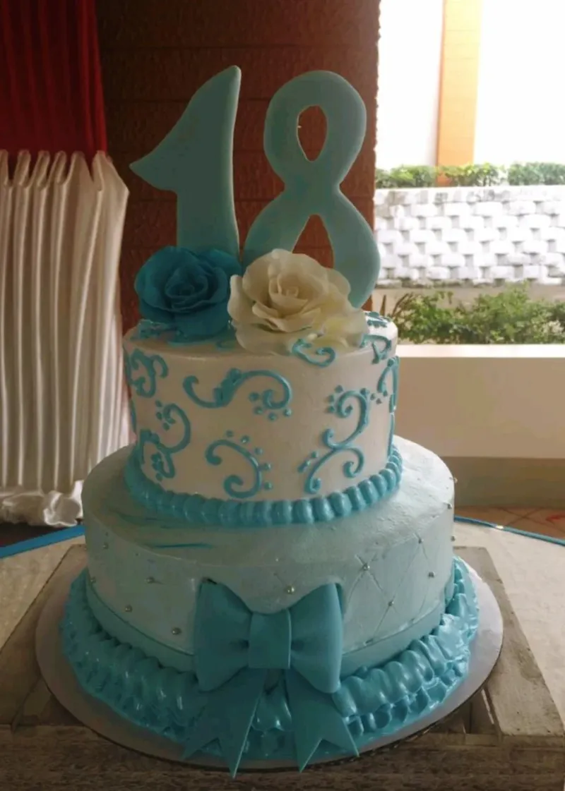 Two-tier light blue and white debut cake with large number 18 topper, blue and white roses, and intricate icing swirls. Two-tier light blue and white debut cake with large number 18 topper, blue and white roses, and intricate icing swirls.