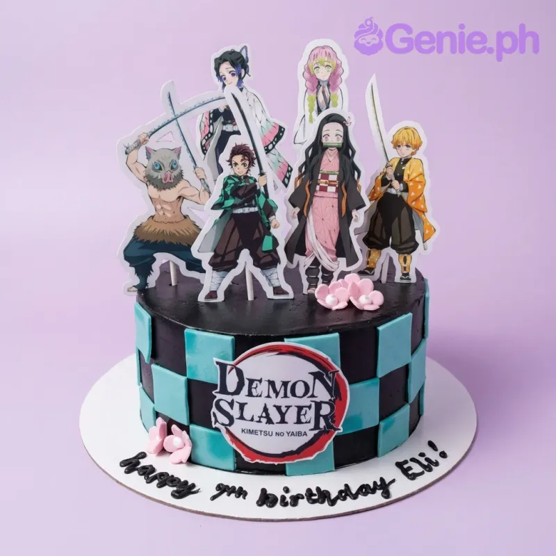 A black, teal, and white 1-tier cake themed around Demon Slayer, featuring character printouts, a checkered pattern wrap, and pink flowers. A black, teal, and white 1-tier cake themed around Demon Slayer, featuring character printouts, a checkered pattern wrap, and pink flowers.