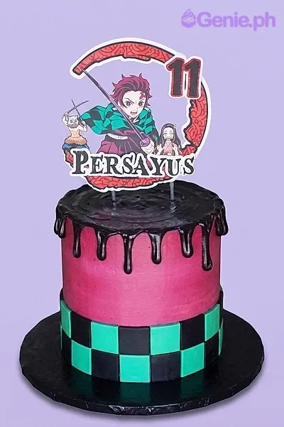 A black 1 tier cake featuring Demon Slayer characters and a green and black checkered panel. A black 1 tier cake featuring Demon Slayer characters and a green and black checkered panel.