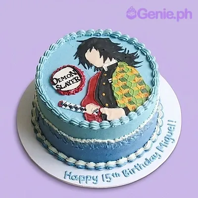 A light blue 1 tier cake featuring a Demon Slayer character illustration and blue and white icing decorations. A light blue 1 tier cake featuring a Demon Slayer character illustration and blue and white icing decorations.