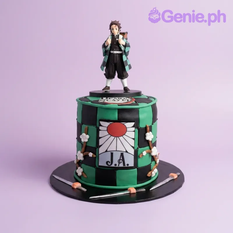 A green and black 1 Tier Fondant Demon Slayer cake, with a Tanjiro figurine, logo, checkered pattern, and katana swords. A green and black 1 Tier Fondant Demon Slayer cake, with a Tanjiro figurine, logo, checkered pattern, and katana swords.