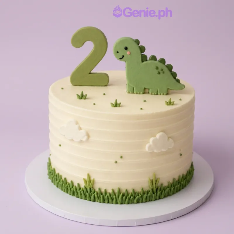 Ivory 1-tier cake with soft icing, a green dinosaur topper, a number two, and piped grass borders. Ivory 1-tier cake with soft icing, a green dinosaur topper, a number two, and piped grass borders.
