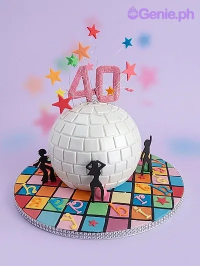 A white disco ball shaped cake on a colorful dance floor base with pink number 40 and star toppers. A white disco ball shaped cake on a colorful dance floor base with pink number 40 and star toppers.