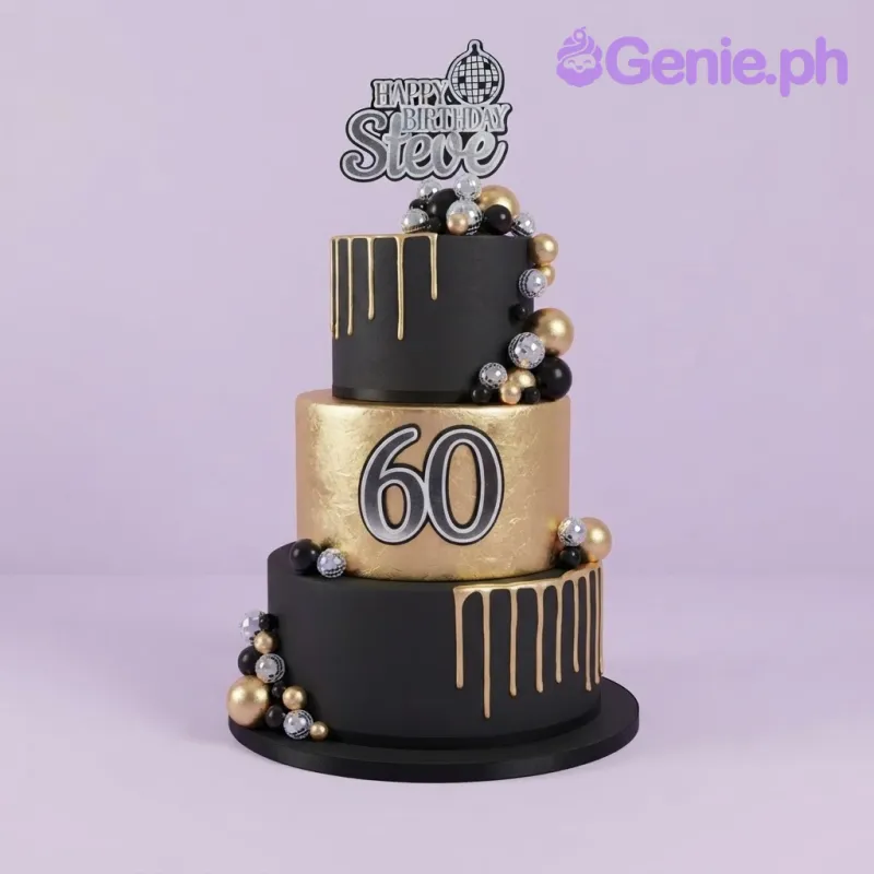 Black 3 tier fondant disco birthday cake with smooth black tiers, a gold middle tier, and silver disco ball decorations Black 3 tier fondant disco birthday cake with smooth black tiers, a gold middle tier, and silver disco ball decorations