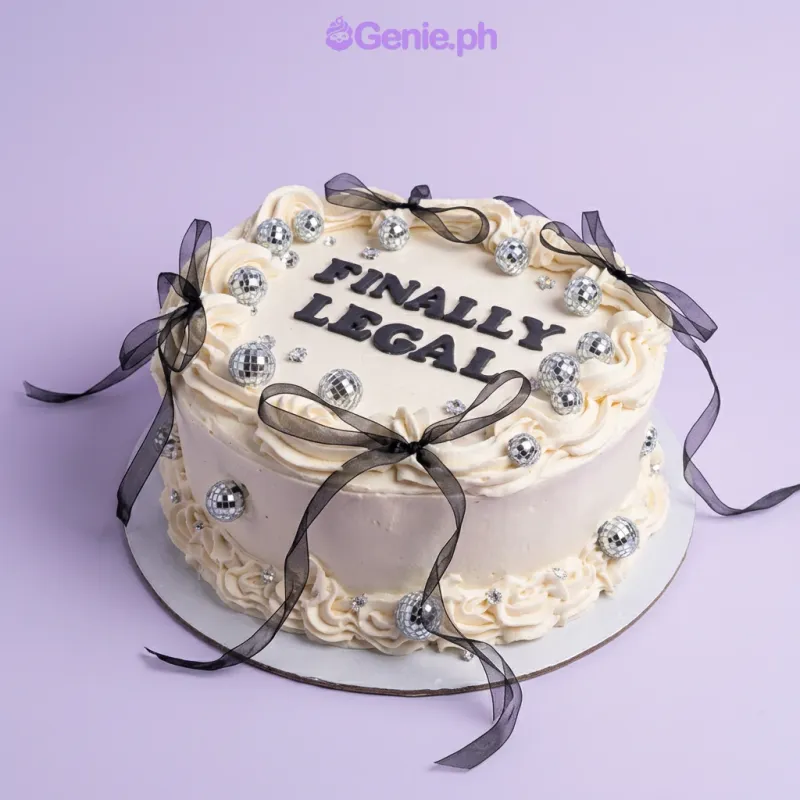 White 1-tier cake with soft icing, black piped text, black satin ribbon, and miniature disco ball decorations White 1-tier cake with soft icing, black piped text, black satin ribbon, and miniature disco ball decorations