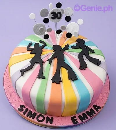 A Multicolor 1 Tier Fondant cake themed around Disco Birthday, featuring black dancing silhouettes, a '30' cutout, colorful fondant stripes, and circles. A Multicolor 1 Tier Fondant cake themed around Disco Birthday, featuring black dancing silhouettes, a '30' cutout, colorful fondant stripes, and circles.