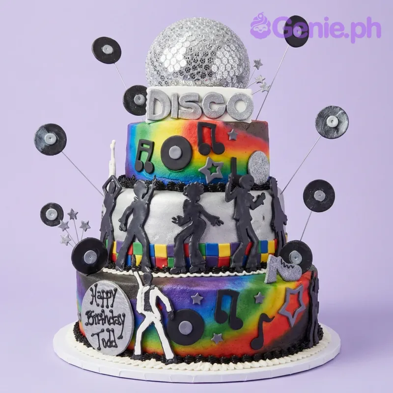 A rainbow, silver, and black 3-tier fondant cake themed around Disco, featuring a silver disco ball topper and black dancer silhouettes. A rainbow, silver, and black 3-tier fondant cake themed around Disco, featuring a silver disco ball topper and black dancer silhouettes.