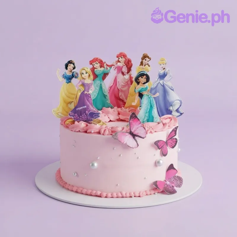 Soft pink 1-tier cake with smooth icing, Disney Princess theme, piped pink rosettes, and butterfly printouts Soft pink 1-tier cake with smooth icing, Disney Princess theme, piped pink rosettes, and butterfly printouts