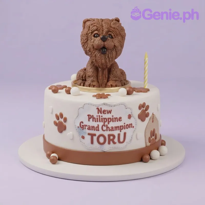 White fondant cake with a brown dog figurine, paw print accents, and a printed message plaque celebrating a champion dog White fondant cake with a brown dog figurine, paw print accents, and a printed message plaque celebrating a champion dog