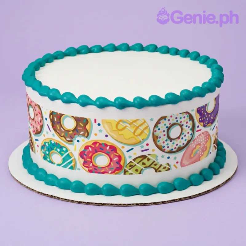 A white, colorful, and teal round 1-tier Donut Theme cake, featuring a donut pattern wrap and teal icing borders. A white, colorful, and teal round 1-tier Donut Theme cake, featuring a donut pattern wrap and teal icing borders.