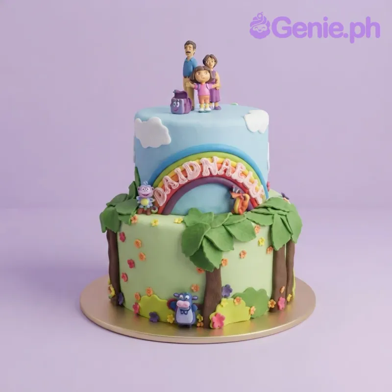 Blue and green 2-tier fondant adventure cake with character figurines, a rainbow arch, and tree details Blue and green 2-tier fondant adventure cake with character figurines, a rainbow arch, and tree details