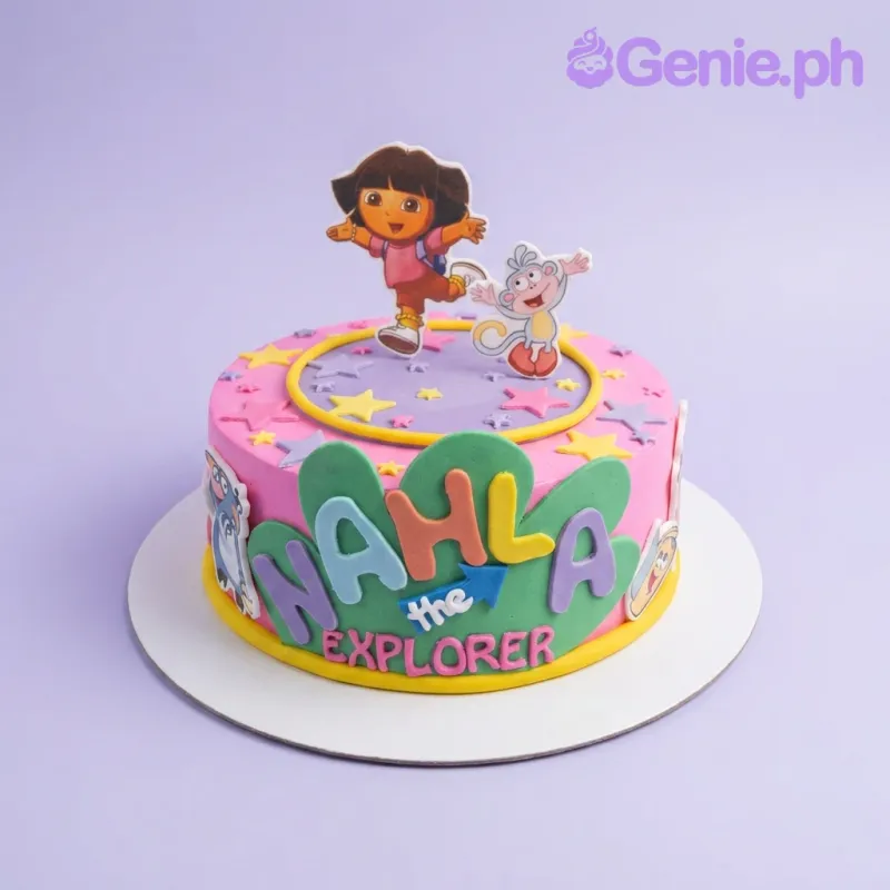 A pink 1-tier Dora The Explorer cake with Dora and Boots toppers, colorful stars, and a name panel. A pink 1-tier Dora The Explorer cake with Dora and Boots toppers, colorful stars, and a name panel.