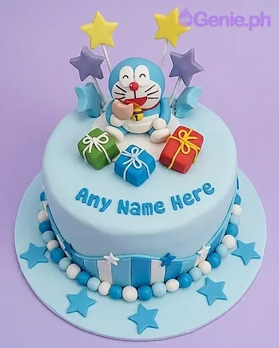 Light blue Doraemon themed birthday cake with a 3D Doraemon figure, colorful gift boxes, and star toppers. Light blue Doraemon themed birthday cake with a 3D Doraemon figure, colorful gift boxes, and star toppers.