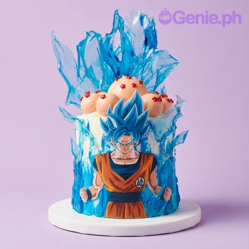 A white, blue, orange 1 Tier Dragon Ball Z cake with a Goku Super Saiyan Blue topper, orange dragon balls, and blue isomalt flames. A white, blue, orange 1 Tier Dragon Ball Z cake with a Goku Super Saiyan Blue topper, orange dragon balls, and blue isomalt flames.