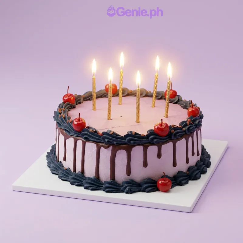 A 1-tier drip cake with coral soft icing, five lit birthday candles, red spheres, and a black piped border A 1-tier drip cake with coral soft icing, five lit birthday candles, red spheres, and a black piped border