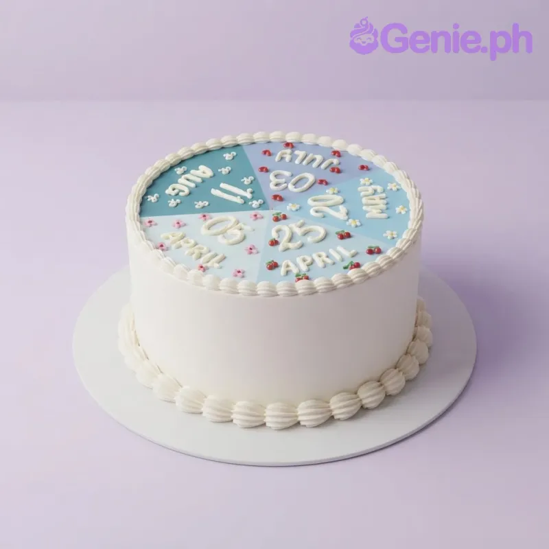 Round 1-tier cake with white sides, a light blue gradient top, and piped icing dates in five segments. Round 1-tier cake with white sides, a light blue gradient top, and piped icing dates in five segments.