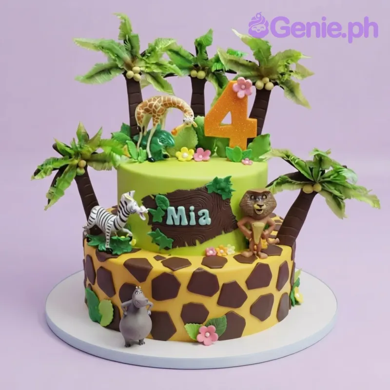 Two-tier Madagascar themed fondant cake with animal figurines, palm trees, and a number four topper. Two-tier Madagascar themed fondant cake with animal figurines, palm trees, and a number four topper.