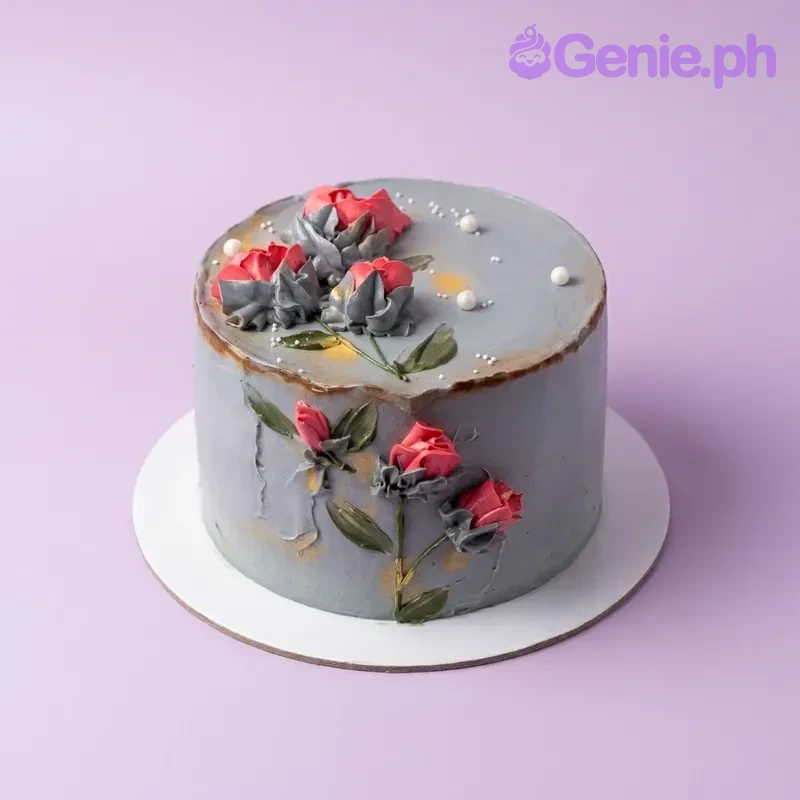 Baby Announcement Silver Floral Cake Grey minimalist cake with pink icing roses, green leaves, white pearls, black message plaque, and white banner.