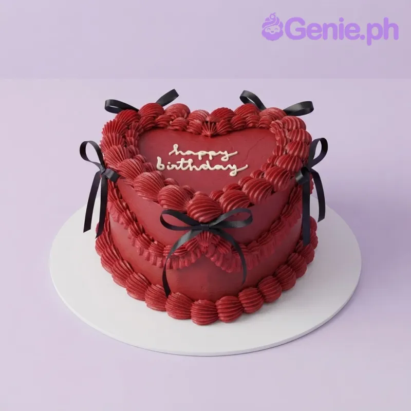 Dark red 2-tier heart-shaped cake with soft icing, piped shell borders, white piped lettering, and black ribbon bows Dark red 2-tier heart-shaped cake with soft icing, piped shell borders, white piped lettering, and black ribbon bows