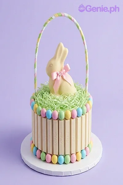 A colorful 1 Tier Easter Basket cake, with a yellow chocolate bunny, Kit Kat bars, and pastel candy eggs. A colorful 1 Tier Easter Basket cake, with a yellow chocolate bunny, Kit Kat bars, and pastel candy eggs.