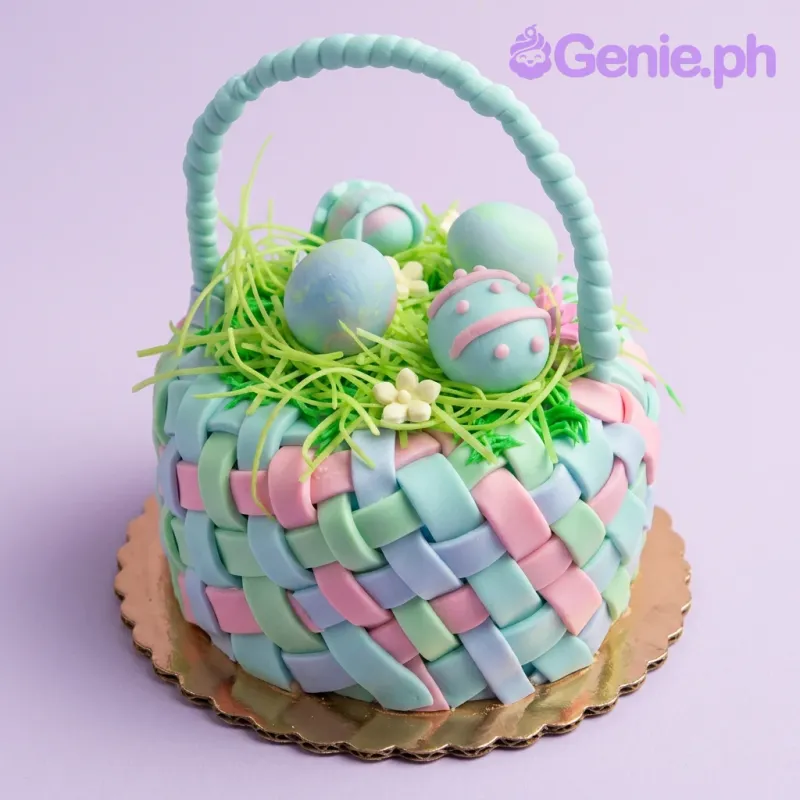 A pastel blue, pink, and green 1-tier fondant cake themed Easter Basket, featuring a braided handle, fondant eggs, and flowers. A pastel blue, pink, and green 1-tier fondant cake themed Easter Basket, featuring a braided handle, fondant eggs, and flowers.