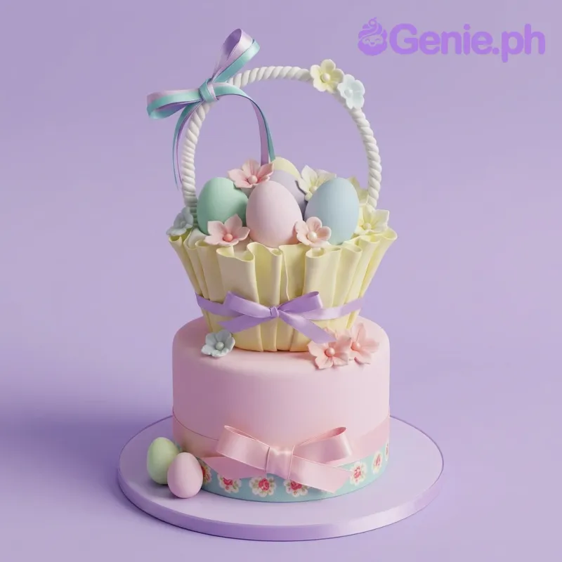 A pastel 2 Tier Fondant Easter Basket cake with sculpted basket, eggs, flowers, and ribbons. A pastel 2 Tier Fondant Easter Basket cake with sculpted basket, eggs, flowers, and ribbons.
