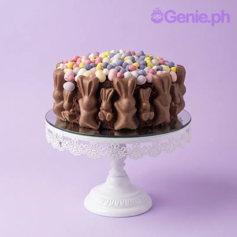 A chocolate and pastel 1-Tier cake themed around Easter Bunny, featuring milk chocolate bunny figures and colorful pastel candy eggs. A chocolate and pastel 1-Tier cake themed around Easter Bunny, featuring milk chocolate bunny figures and colorful pastel candy eggs.