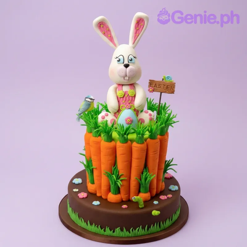 A multicolored 2-tier fondant Easter Bunny cake, featuring a large bunny, blue bird, and fondant carrots. A multicolored 2-tier fondant Easter Bunny cake, featuring a large bunny, blue bird, and fondant carrots.