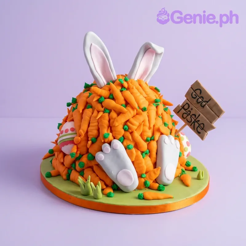 An orange and grey 1 Tier Fondant cake, Easter Bunny themed, with grey bunny feet, ears, orange carrots, and a brown sign. An orange and grey 1 Tier Fondant cake, Easter Bunny themed, with grey bunny feet, ears, orange carrots, and a brown sign.