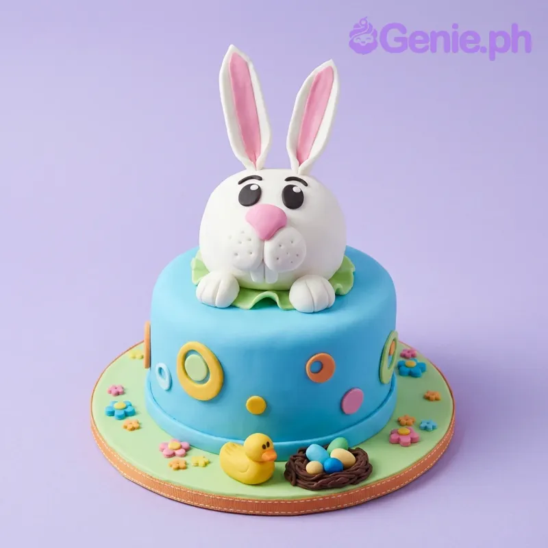 A Blue fondant Easter cake featuring a large 3D white bunny topper, a yellow duckling, and a chocolate nest with colorful eggs on a green base. A Blue fondant Easter cake featuring a large 3D white bunny topper, a yellow duckling, and a chocolate nest with colorful eggs on a green base.