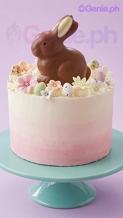 A white and pink gradient 1 Tier cake themed around Easter Bunny, featuring a large chocolate bunny, pastel flowers, mini Easter eggs, and white icing dollops. A white and pink gradient 1 Tier cake themed around Easter Bunny, featuring a large chocolate bunny, pastel flowers, mini Easter eggs, and white icing dollops.