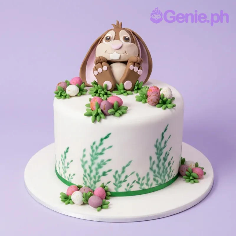 A white 1 Tier Fondant cake themed around Easter Bunny, featuring a large brown bunny, colorful speckled eggs, and green foliage. A white 1 Tier Fondant cake themed around Easter Bunny, featuring a large brown bunny, colorful speckled eggs, and green foliage.