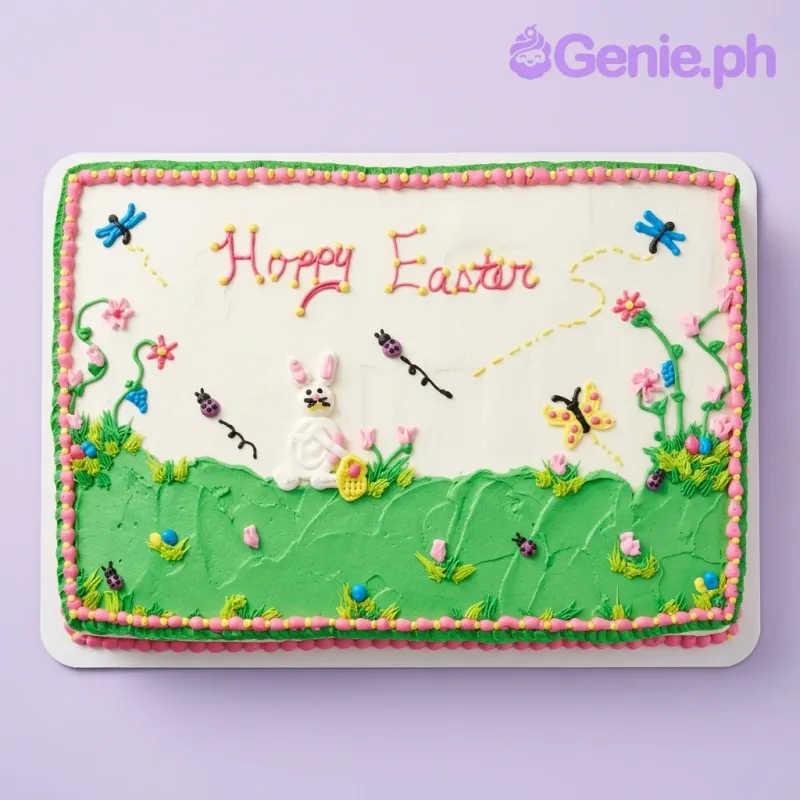 A white and green rectangular Easter cake, featuring a white fondant bunny, green grass, piped flowers, and insects. A white and green rectangular Easter cake, featuring a white fondant bunny, green grass, piped flowers, and insects.