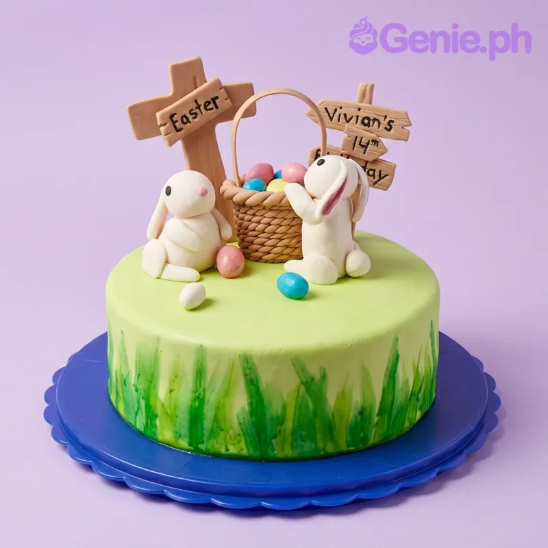 A colorful 1 Tier Fondant cake, Easter Bunny themed, featuring white bunnies, a basket of eggs, and wooden signs on a green base. A colorful 1 Tier Fondant cake, Easter Bunny themed, featuring white bunnies, a basket of eggs, and wooden signs on a green base.
