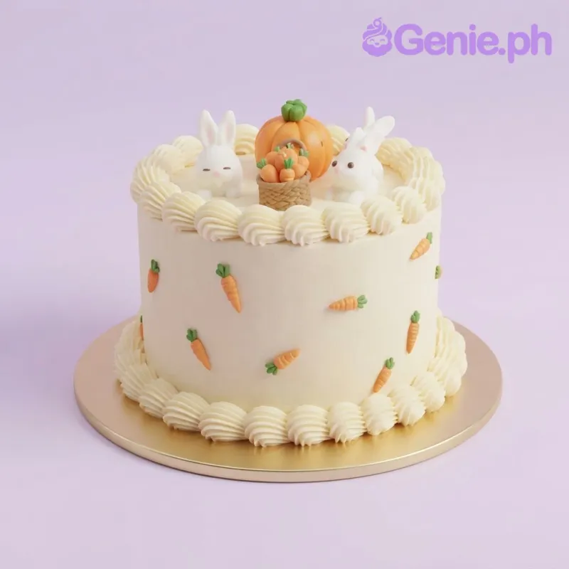 Ivory single tier cake with smooth soft icing, an Easter carrot bunny theme, and white bunny figurines Ivory single tier cake with smooth soft icing, an Easter carrot bunny theme, and white bunny figurines