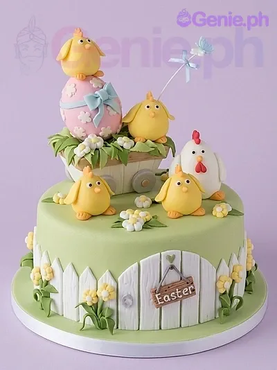 A green 1 Tier Fondant Easter Chick cake, featuring a mother hen, chicks, Easter egg, picket fence, and 'Easter' sign. A green 1 Tier Fondant Easter Chick cake, featuring a mother hen, chicks, Easter egg, picket fence, and 'Easter' sign.