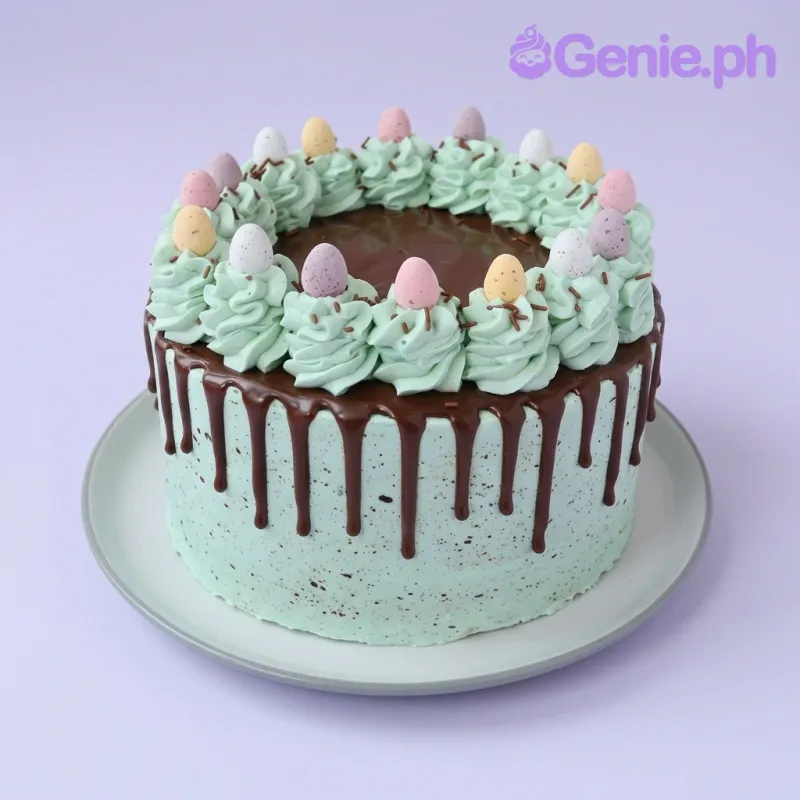 A mint green, brown, pastel 1 Tier Easter Egg cake with candy eggs, mint rosettes, chocolate drip, and speckles. A mint green, brown, pastel 1 Tier Easter Egg cake with candy eggs, mint rosettes, chocolate drip, and speckles.